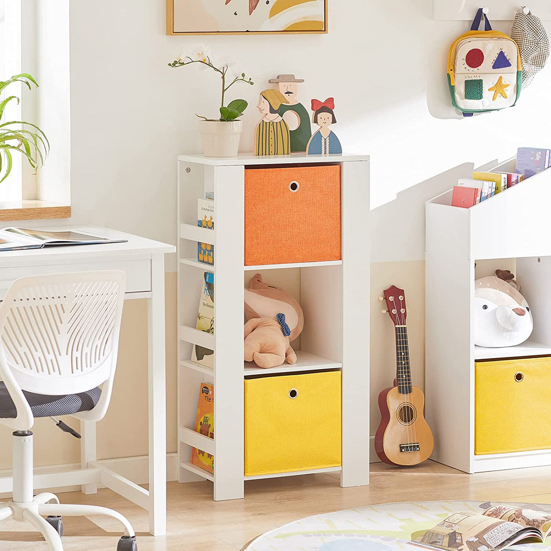 Kinderen Kinderboekenkast Boekenplank - Speelgoedplank Opslag Display Plank - Rek met zijplanken en 2 stoffen lades