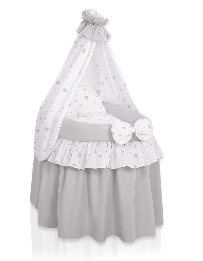 Wicker dockvagga - dockkorg - handgjord, med huva, komplett sängkläder, grå