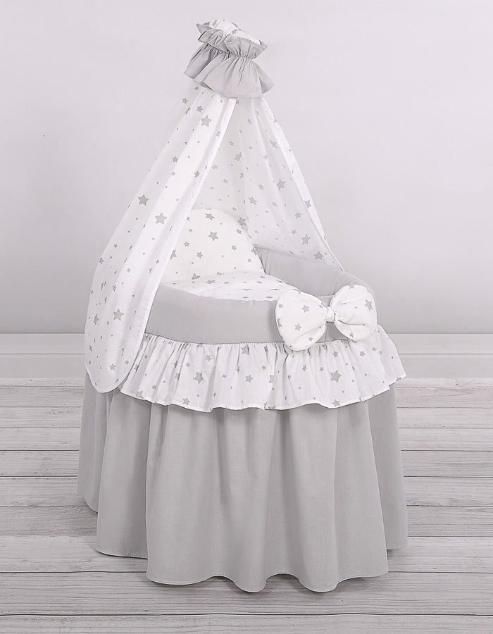 Wicker dockvagga - dockkorg - handgjord, med huva, komplett sängkläder, grå