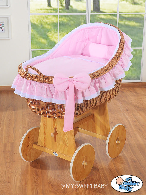 Wicker wieg Baby Pink - handgeweven babybedje - duurzaam, comfortabel en veilig met houten basis