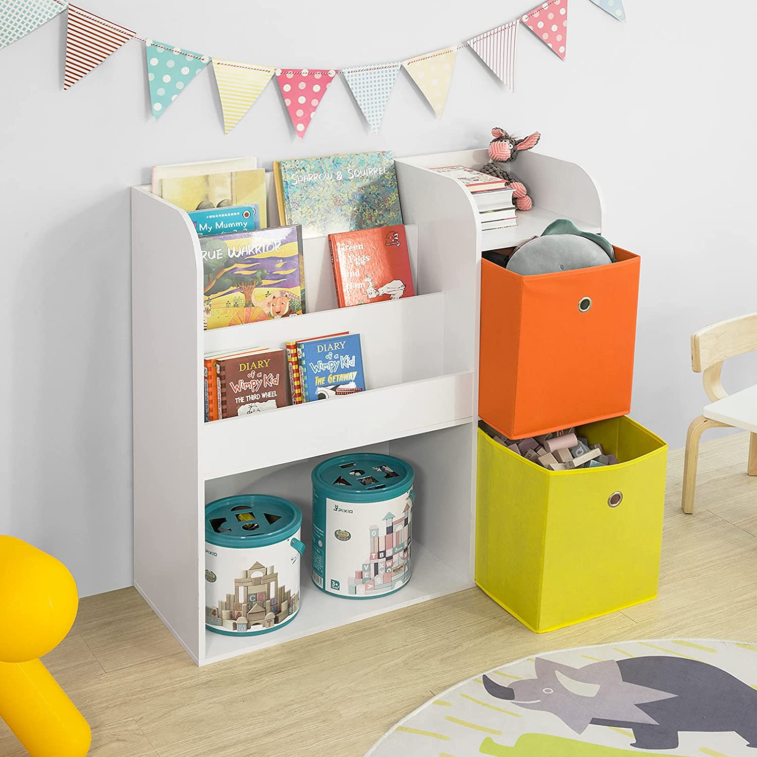 Kinderen Kinderboekenkast Boekenplank - Speelgoedplank Opslag Display Plankrek Organizer met 2 stoffen lades