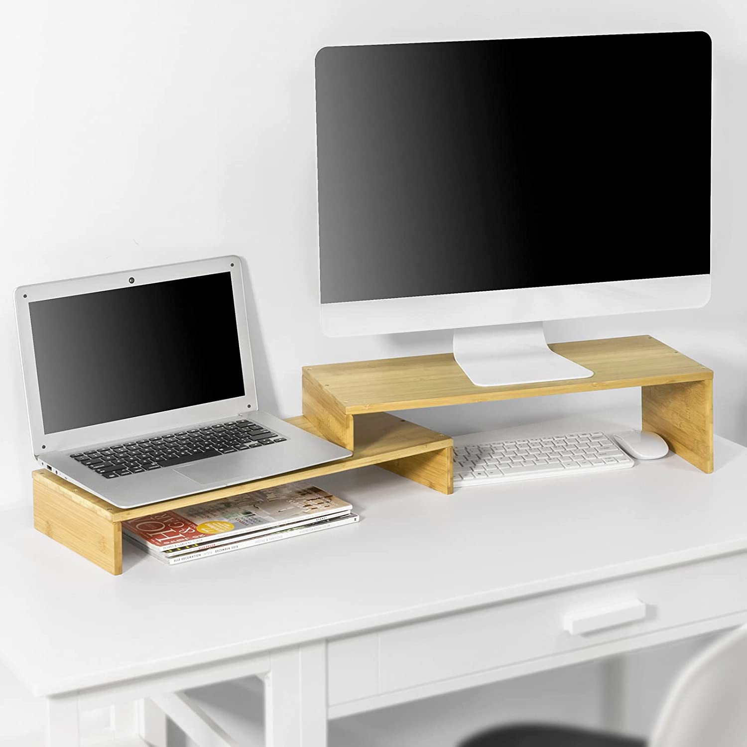 Bamboo Monitor Stand Riser - Bureauplank - Bureau-organizer - Verminder nekpijn - Verstelbaar - 52-104 cm x 15 cm x 22 cm