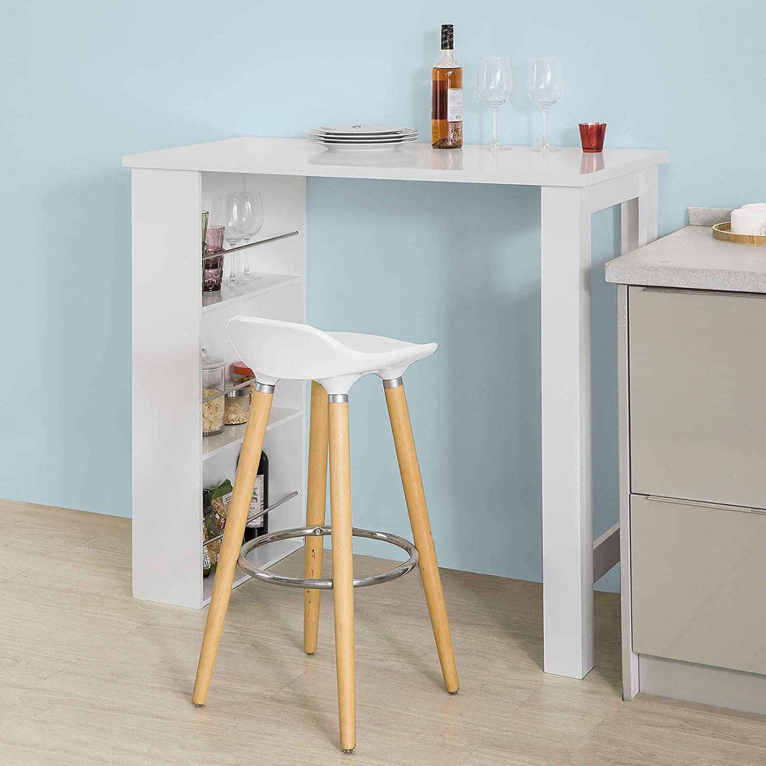 Keukeneettafel-Bartafel Salontafel met 3-laags opbergrek, Wit