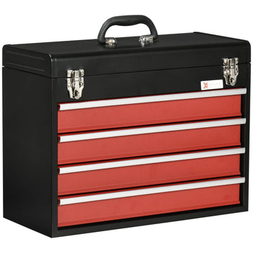 Gereedschapskoffer, 4 laden en opbergvak | Kleur: Zwart+Rood | Afmetingen: 22x51x39.5 cm