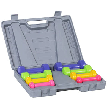 Dumbbellset 0,5-2 kg met koffer | Kleur: rood/geel/groen/paars, grijs | Afmetingen: 30x41x8 cm