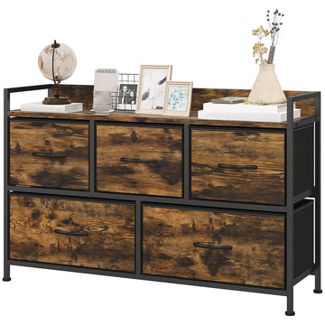 Ladekast met 5 stoffen lades - Industrieel | Kleur: Bruin | Afmetingen: 98x29x63 cm