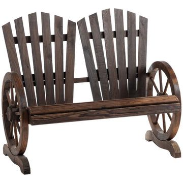 Houten tuinbank met wagenwiel-armleuningen - Loveseat | Kleur: Donkerbruin | Afmetingen: 66x108x95 cm