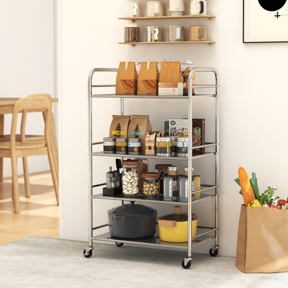 Keukenwagen met 4 niveaus en verstelbare planken | Kleur: Zilver | Afmetingen: 60x35x100 cm