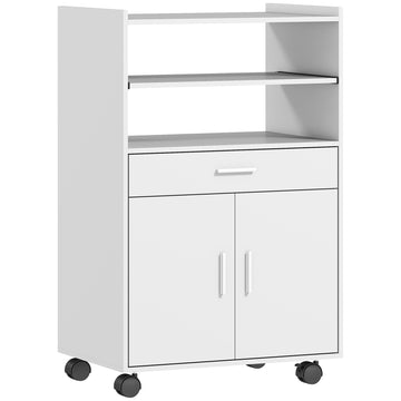 Witte magnetronkast met dubbele deuren, lade en wielen | Kleur: Wit | Afmetingen: 59x40x92 cm