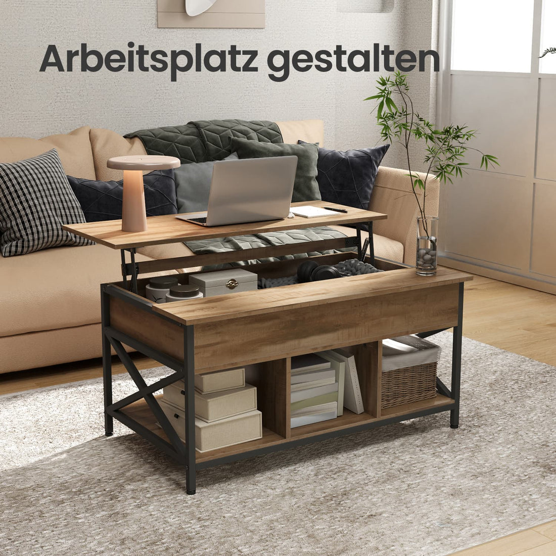 Höhenverstellbarer Couchtisch - camelbraun/schwarz - 60 x 100 x 48-62 cm
