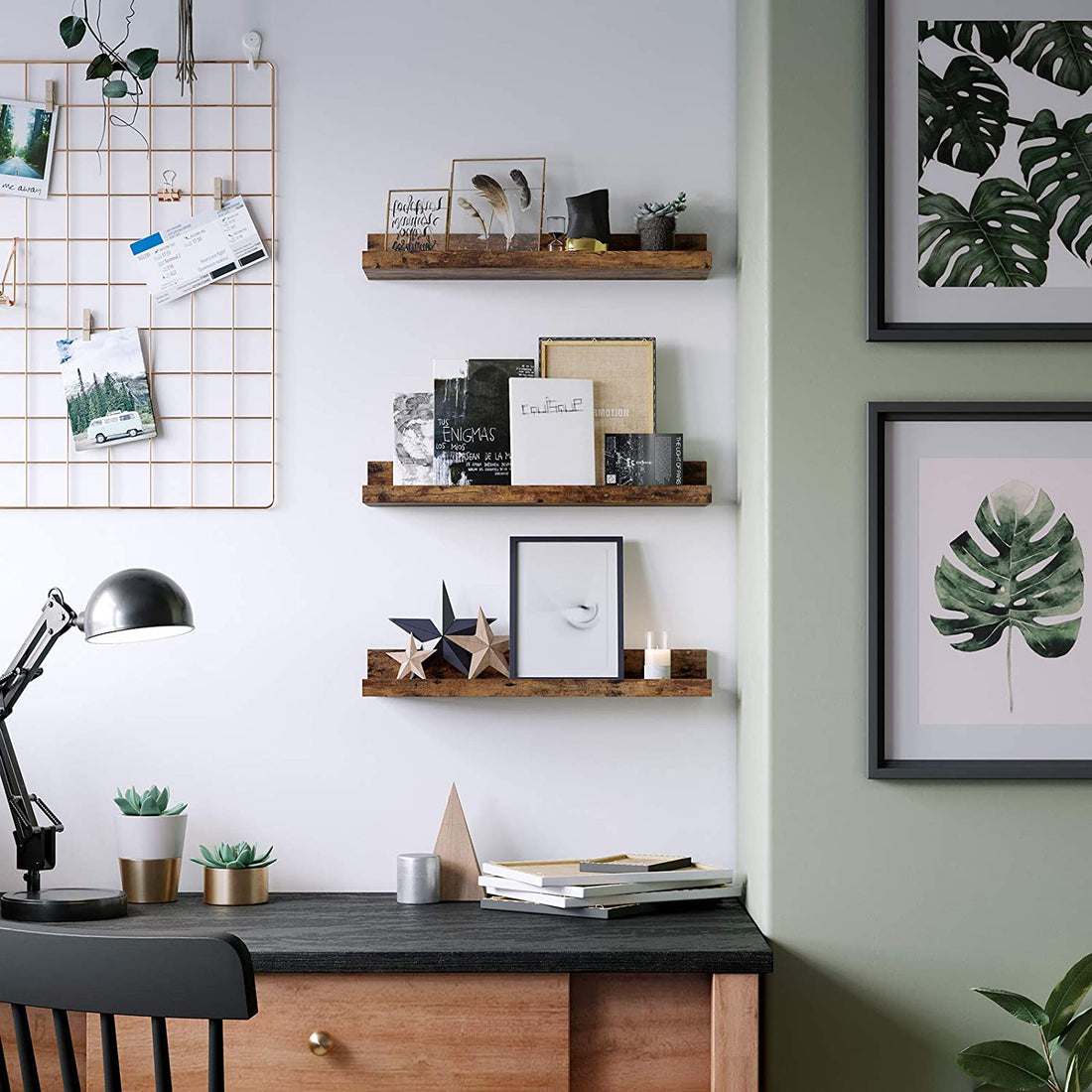 Vägghylla industriellt trä - set om 3 - flytande - spånskiva - 38 cm - vintagebrun
