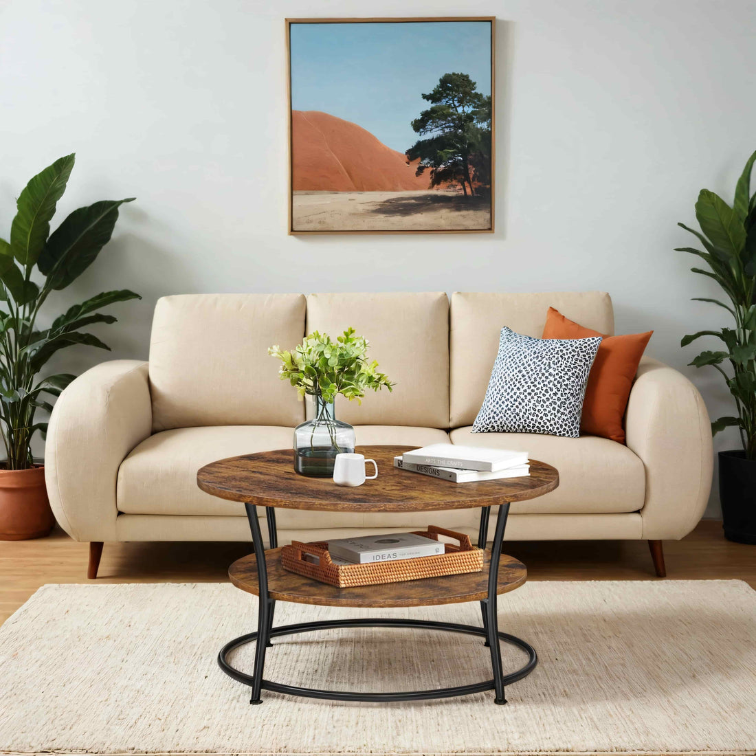 Ronde salontafel met plank - houtlook spaanplaat en staal - 80 x 45 cm
