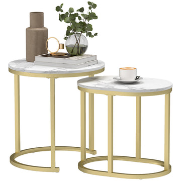 Set van 2 stapelbare salontafels | Kleur: Wit, Goud | Afmetingen: 50x50x50,5/60x36x43,5 cm