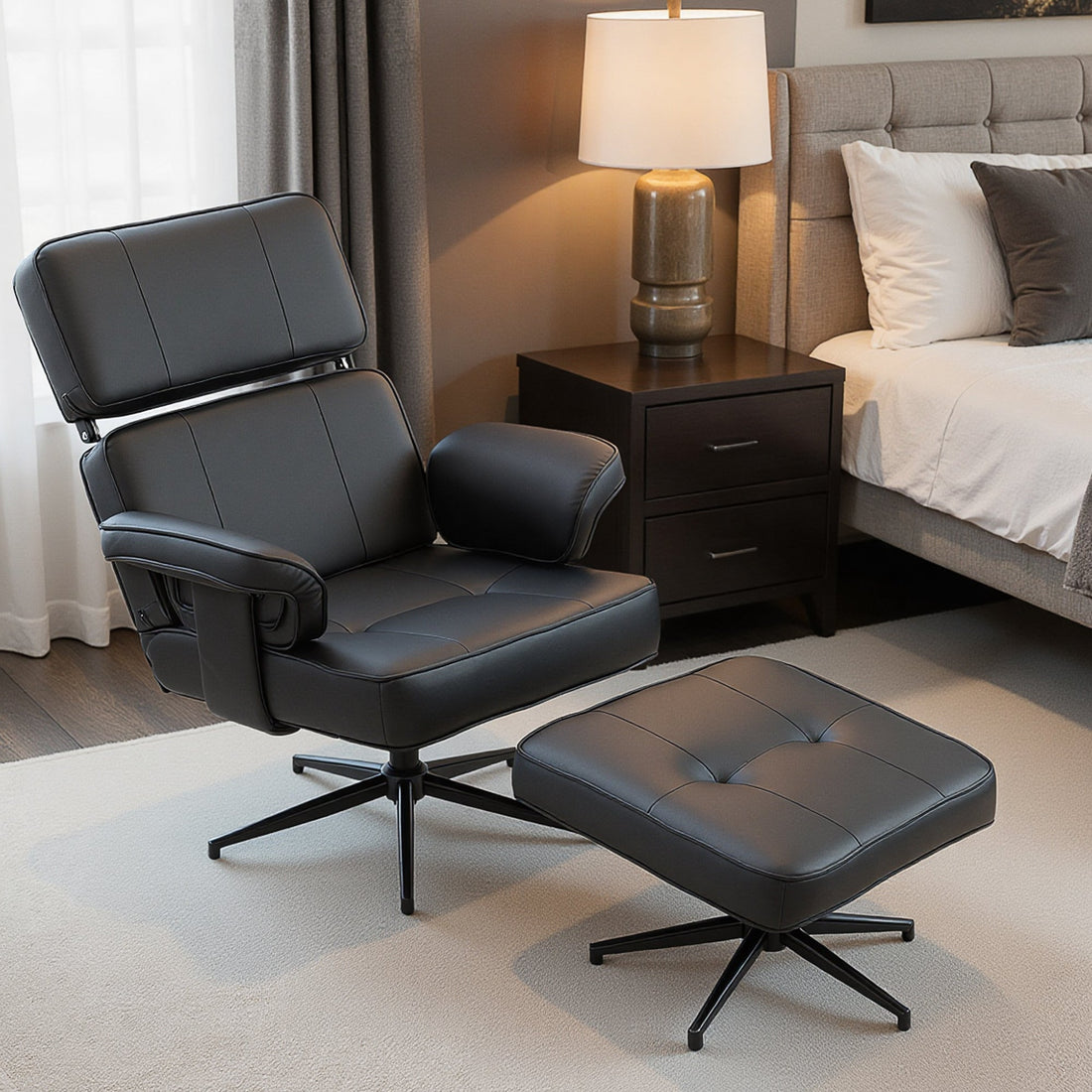Verstellbarer Relaxsessel mit Hocker und Kopfstütze | Farbe: Grau | Maße: 91x79x89 cm
