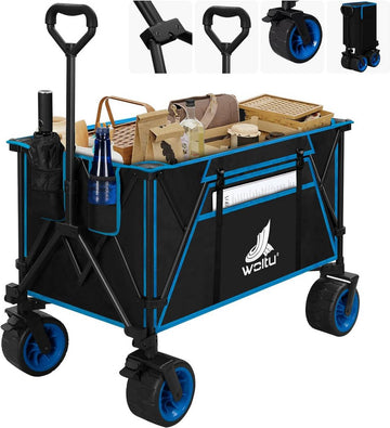 Vouwbare bolderkar met remmen 240 l 120 kg | Zwart blauw | 106x54x105 cm