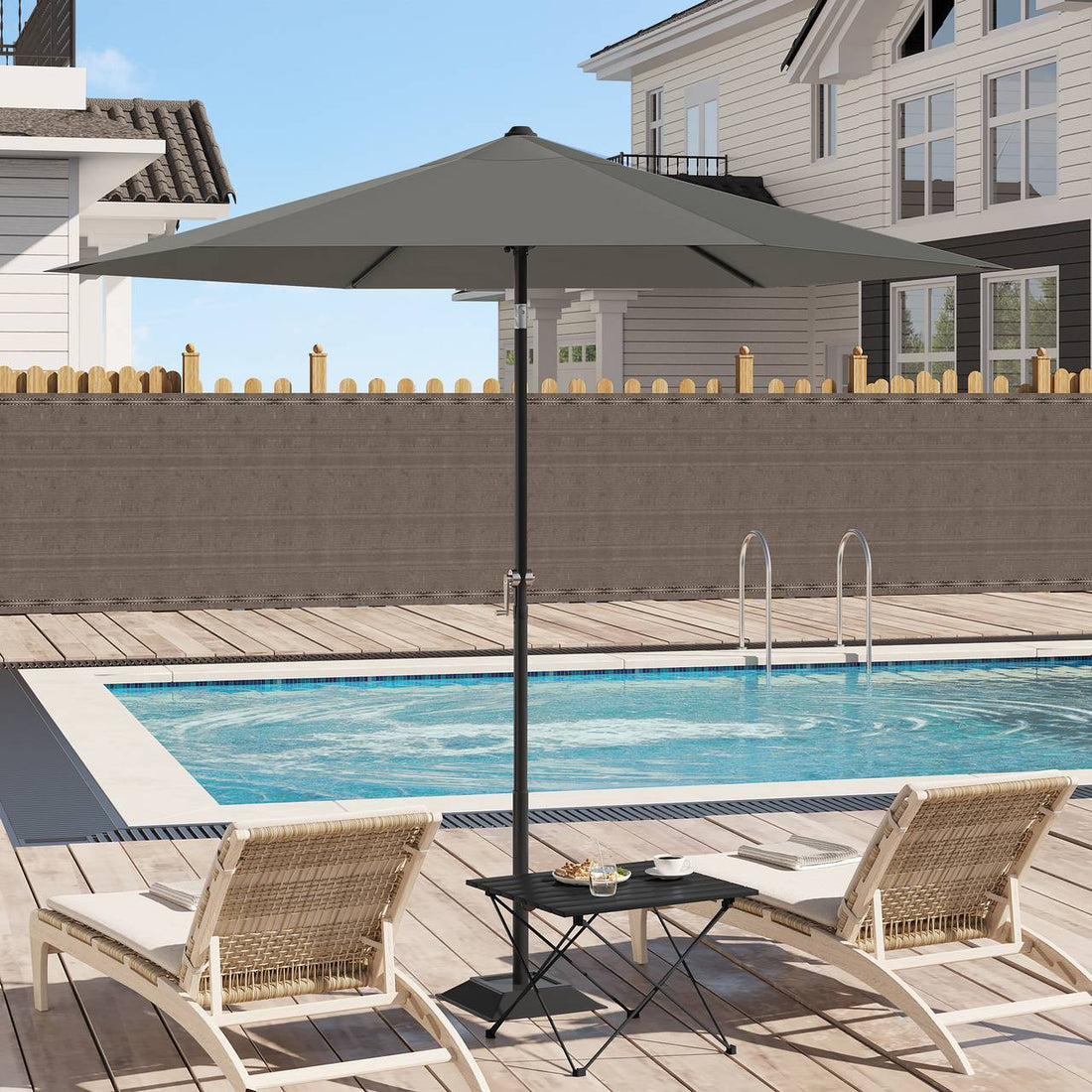Zeshoekige parasol met handslinger 45° kantelbaar | Donkergrijs | 240x240x226 cm