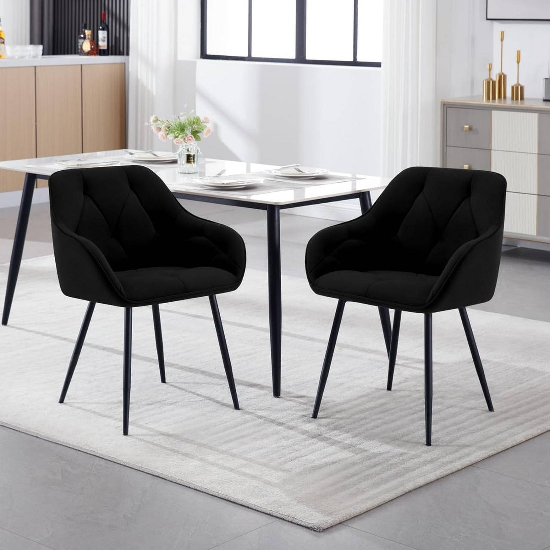 Eetkamerstoel fluweel metalen poten 2-delige set | Zwart | 56x53x83,5 cm