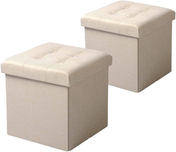 Set van 2 opvouwbare zitkrukken met opbergruimte | Crèmewit | 37,5x37,5x38 cm