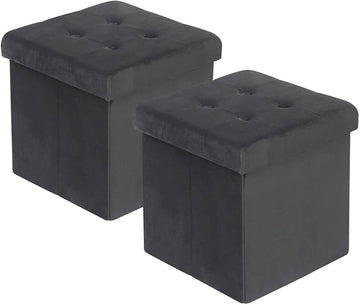 Set van 2 opbergpoefs van fluweel | Zwart/grijs | 37,5x37,5x38 cm