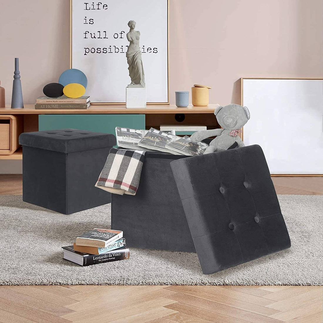 Set van 2 opbergpoefs van fluweel | Zwart/grijs | 37,5x37,5x38 cm