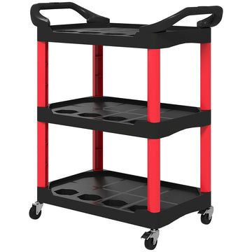 Gereedschapswagen met 3 niveaus en wielen | Kleur: Rood, zwart | Afmetingen: 83x43x97 cm