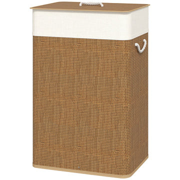 Bamboe wasmand met deksel 72 L – bruin/wit | Kleur: Bruin, Wit | Afmetingen: 30x40x60 cm