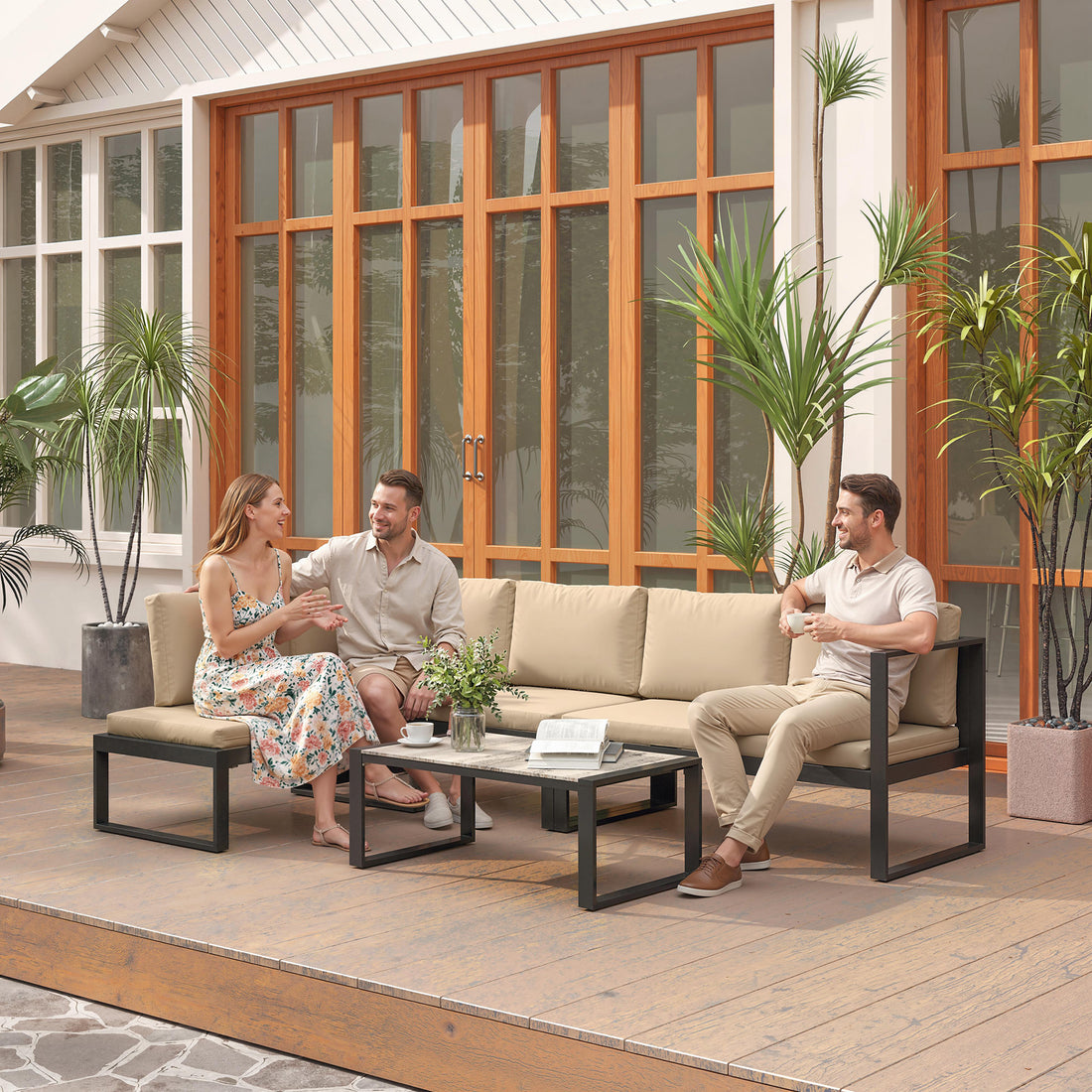 4-delige tuinmeubelset - loungeset met tafel | Kleur: Khaki | Afmetingen: 152x247x65 cm