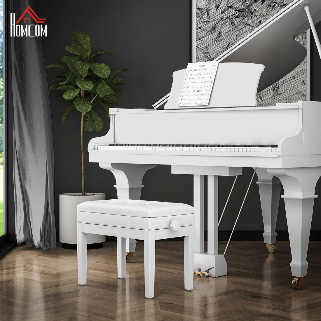 Pianobank met opbergruimte en verstelbare hoogte | Kleur: Wit | Afmetingen: 33x54,5x48-58 cm
