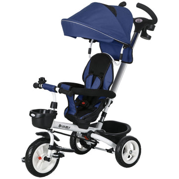 6-in-1 kinderdriewieler met duwstang | Kleur: Donkerblauw | Afmetingen: 50x112x104 cm