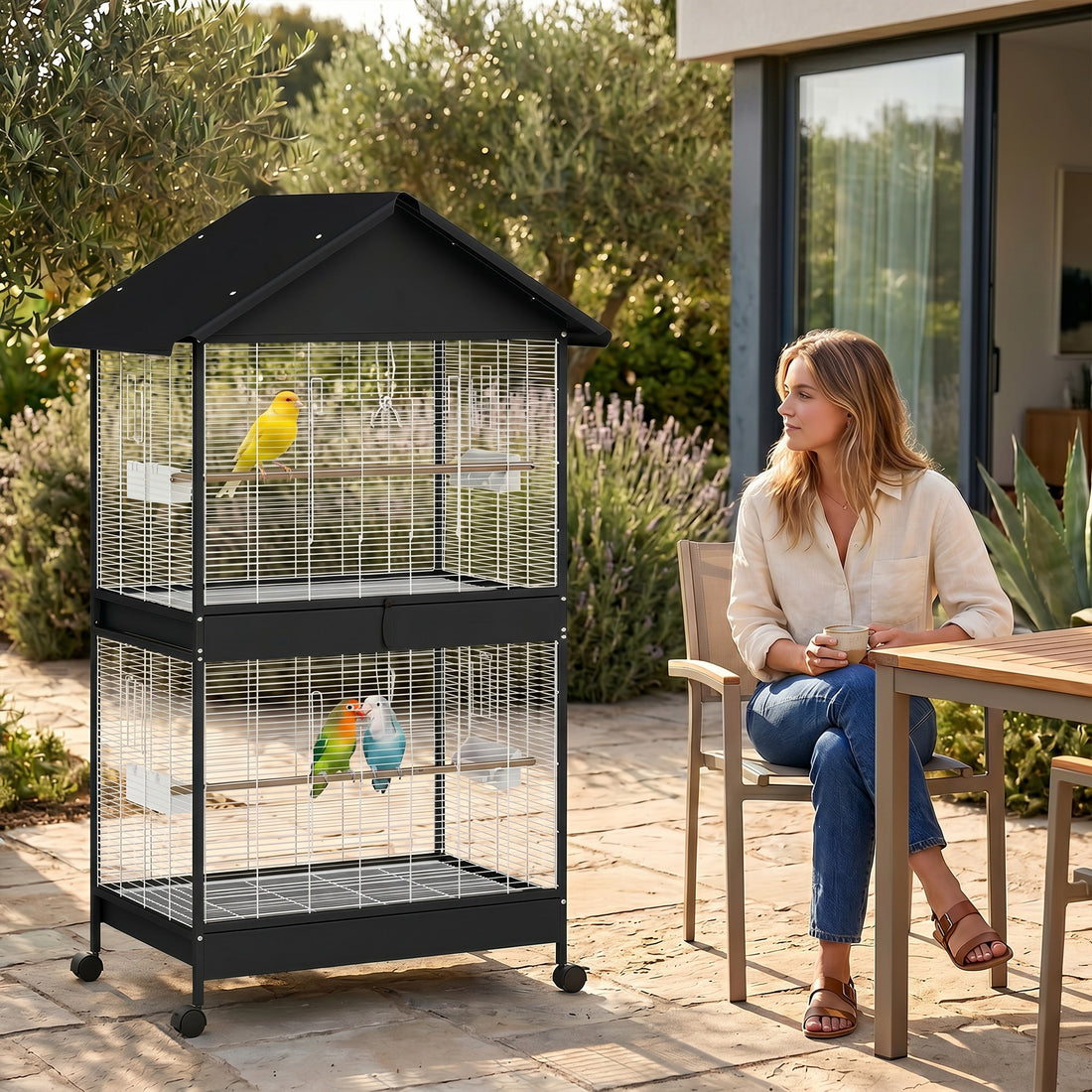 XXL vogelvolière met scheidingswand en wielen | Kleur: Zwart | Afmetingen: 70x94x158 cm