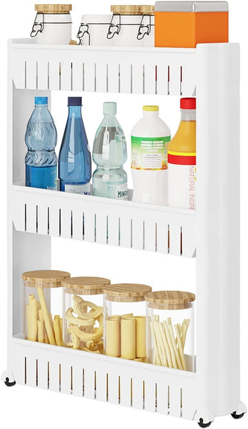 3-laags nissenrek op wielen voor keuken en badkamer | Wit | 13x54x72 cm
