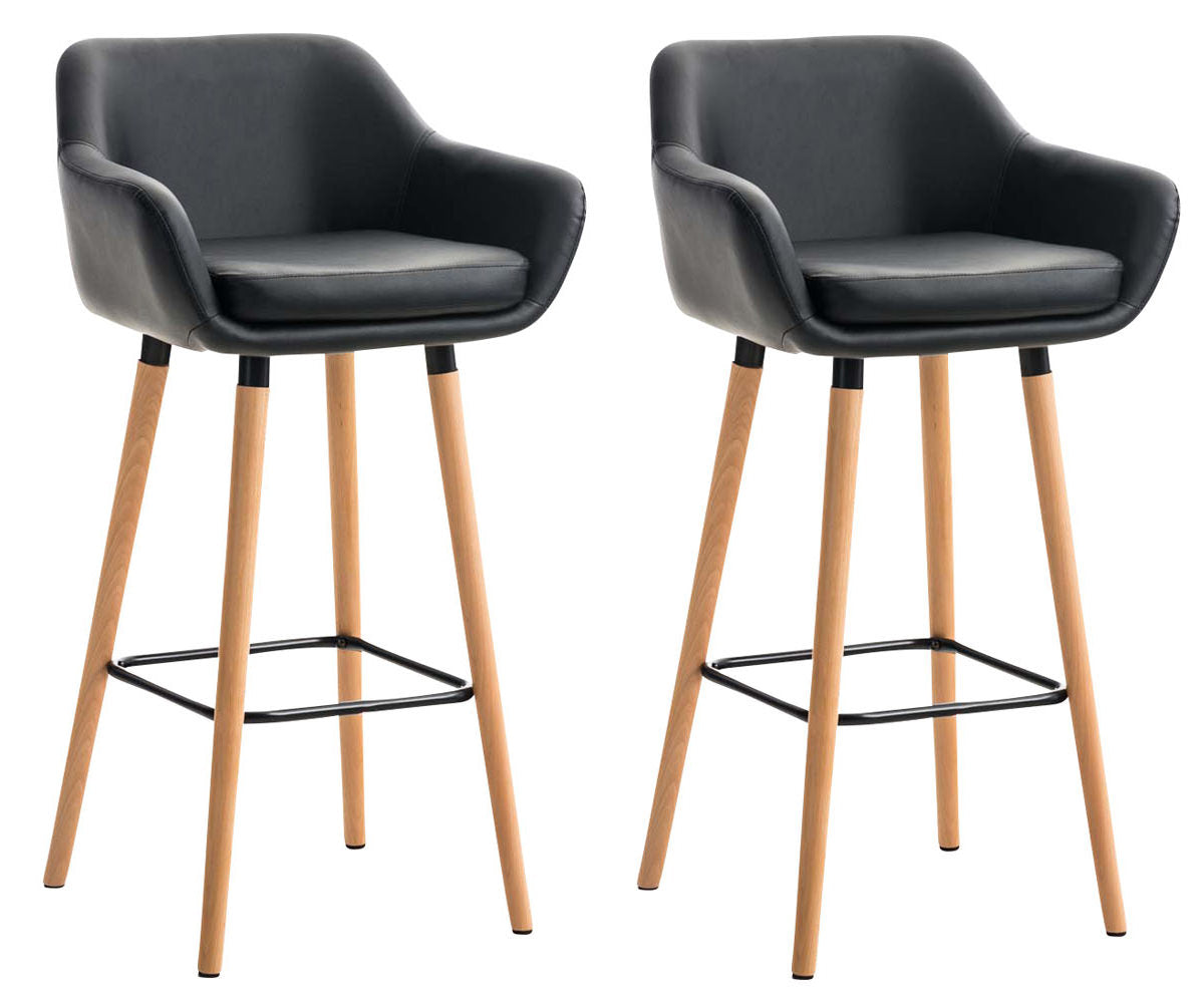Set van 2 barkrukken, Fauteuil-stijl, Comfortabele zit, Kunstleer en Houten Frame Kleur zwart
