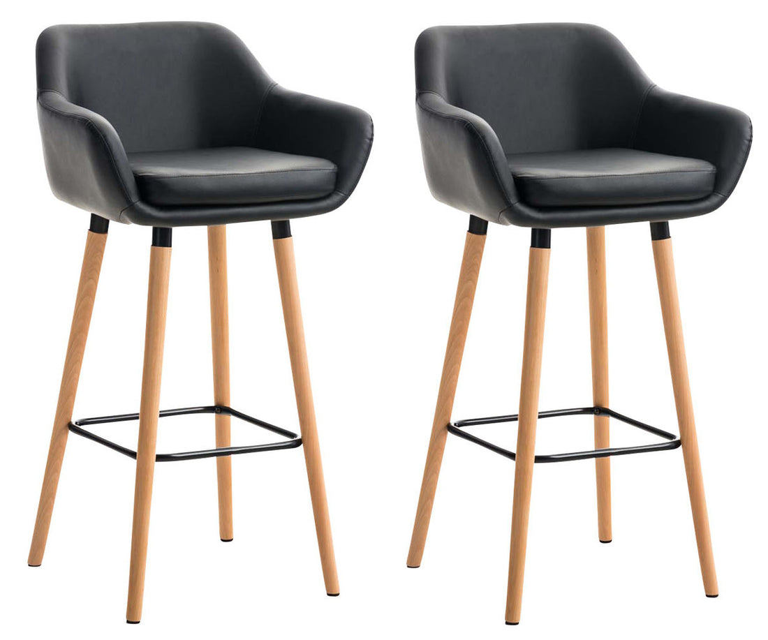 Set van 2 barkrukken, Fauteuil-stijl, Comfortabele zit, Kunstleer en Houten Frame Kleur zwart