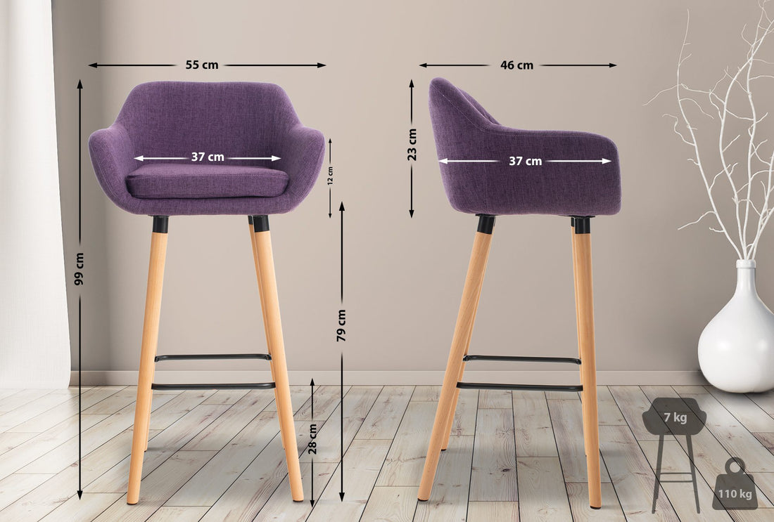 Set van 2 Luxe Barkrukken - Fauteuil Stijl - Comfortabele Rugleuning & Wasbaar Kussen Kleur paars