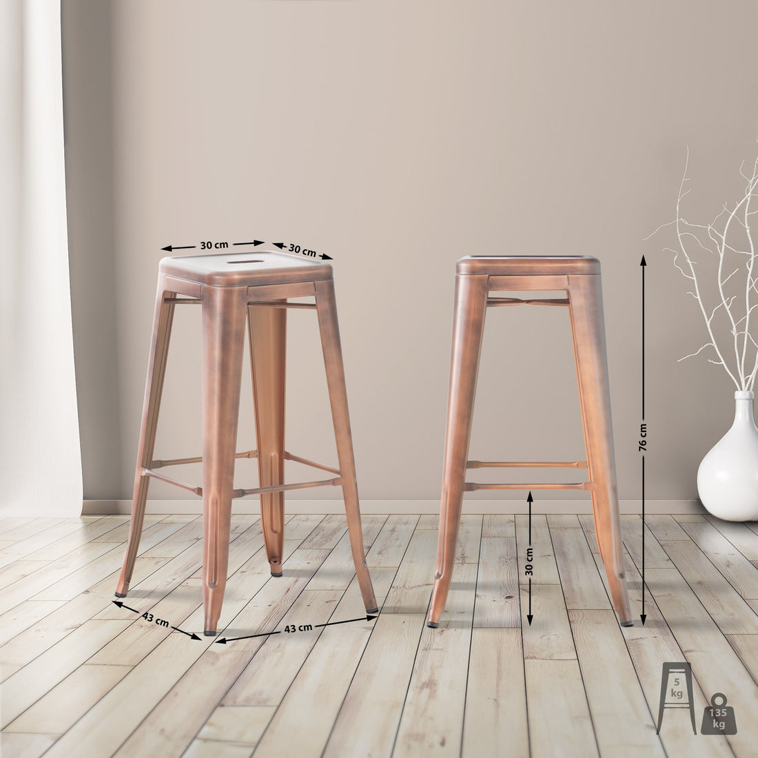 Set van 2 Barkrukken - Klassieke Krukken - Onderhoudsvriendelijk & Stapelbaar Design Kleur koper