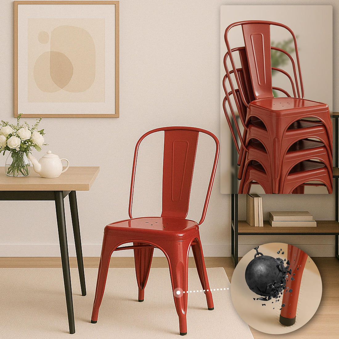 Set van 4 Industriele Metalen Stoelen - Stapelbaar - Ruimtebesparend Ontwerp Kleur rood