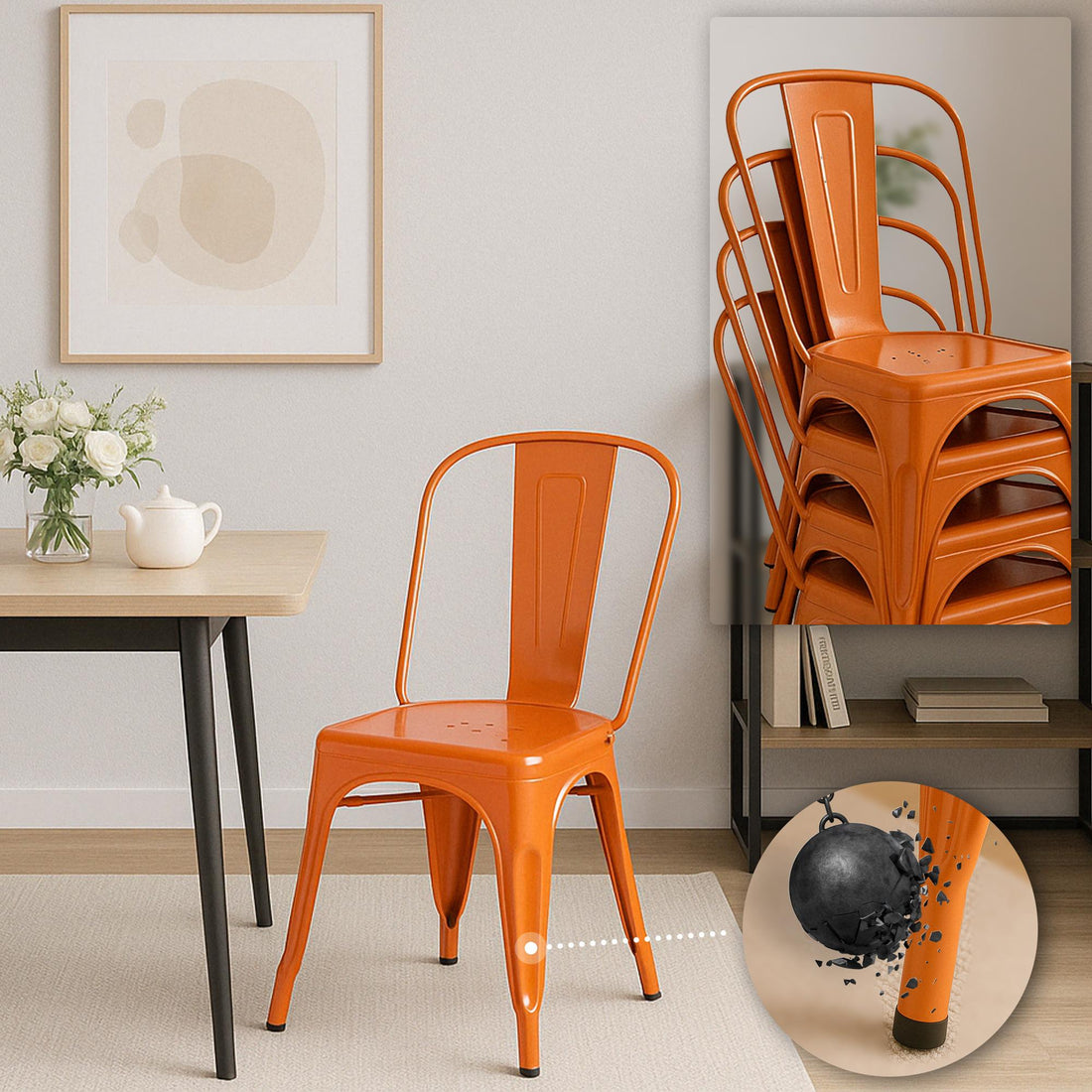 Set van 4 Metalen Stoelen - Industriële Eetkamerstoelen - Ruimtebesparend Stapelbaar Design Kleur oranje
