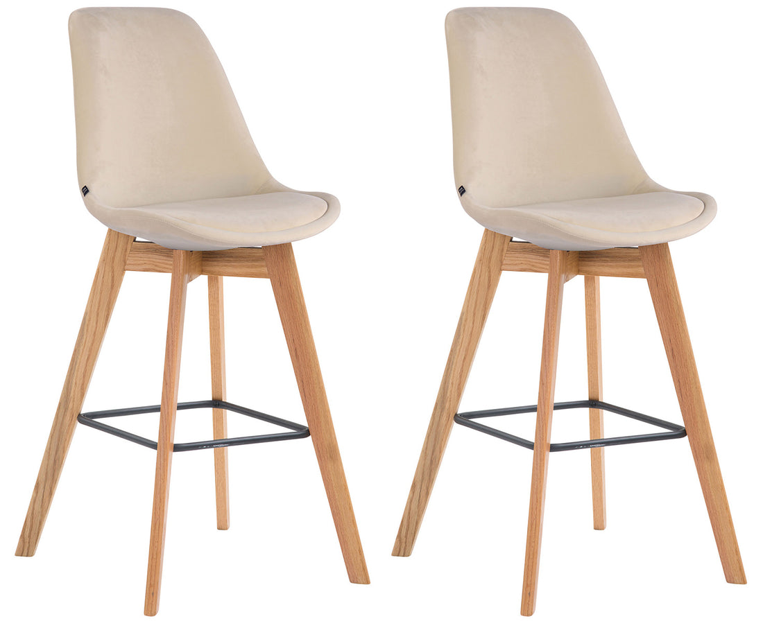 2-delige Set Barkrukken Velvet - Fluwelen Stof - Comfortabele Voetensteun Kleur crème Onderstel Kleur natuur
