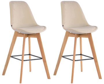 2-delige Set Barkrukken Velvet - Fluwelen Stof - Comfortabele Voetensteun Kleur crème Onderstel Kleur natuur