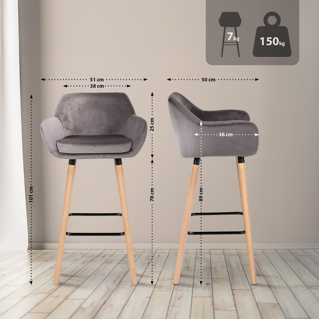 Set van 2 Fluwelen Barkrukken - Hocker - Extra Comfortabel, Stabiel Beukenhouten Frame Kleur grijs