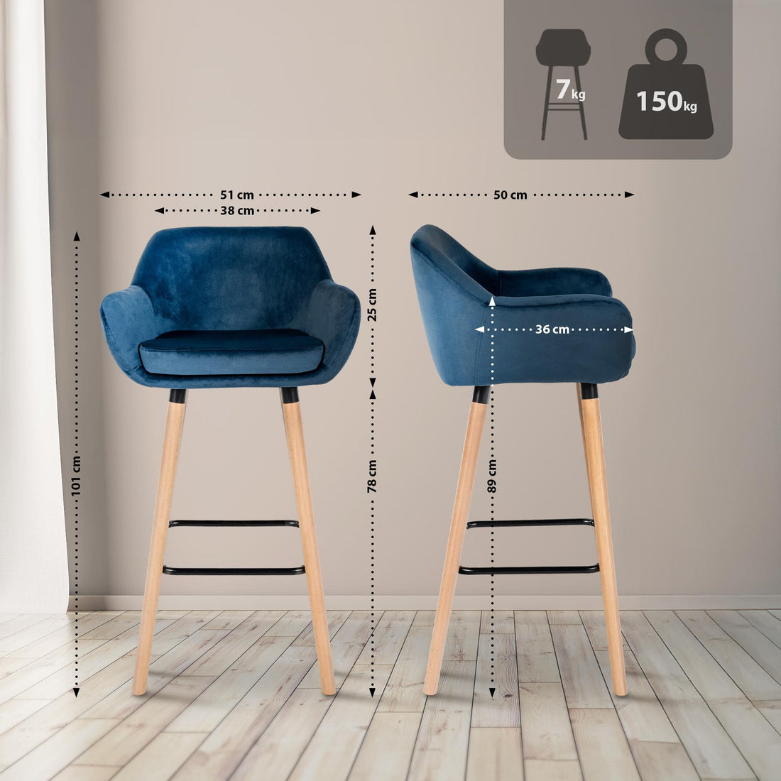 Set van 2 Fluwelen Barkrukken - Luxe Krukken - Comfortabele Bekleding Kleur blauw