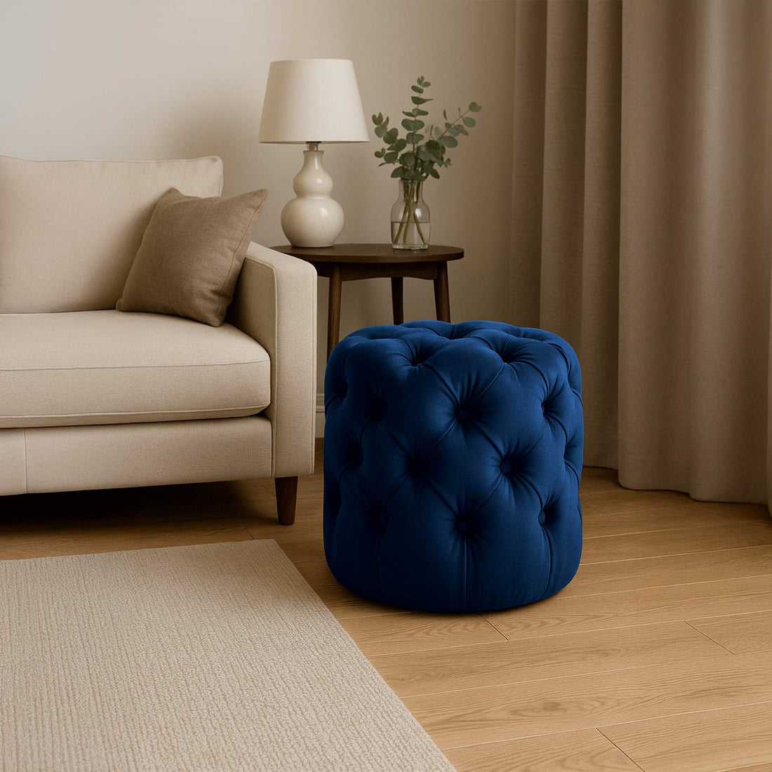 Fluwelen Hocker Chesterfield-stijl – Voetenbank, Elegante Look, Krasvrije Vloerbescherming, Blauw Kleur blauw