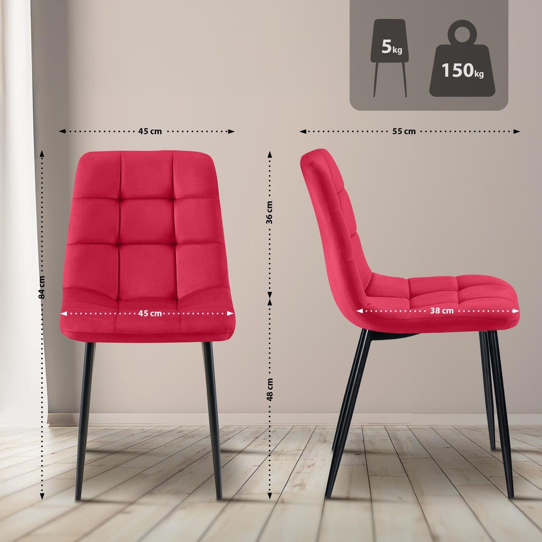 Eetkamerstoel, Fluwelen Stoel, Hoog Comfort – Met Vloerbeschermers & Moderne Look Kleur rood