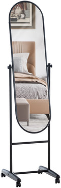 Ovale Staande Spiegel - Vrijstaande Reflector - Verplaatsbaar Design met Wieltjes, Elegant Metaal Kleur zwart