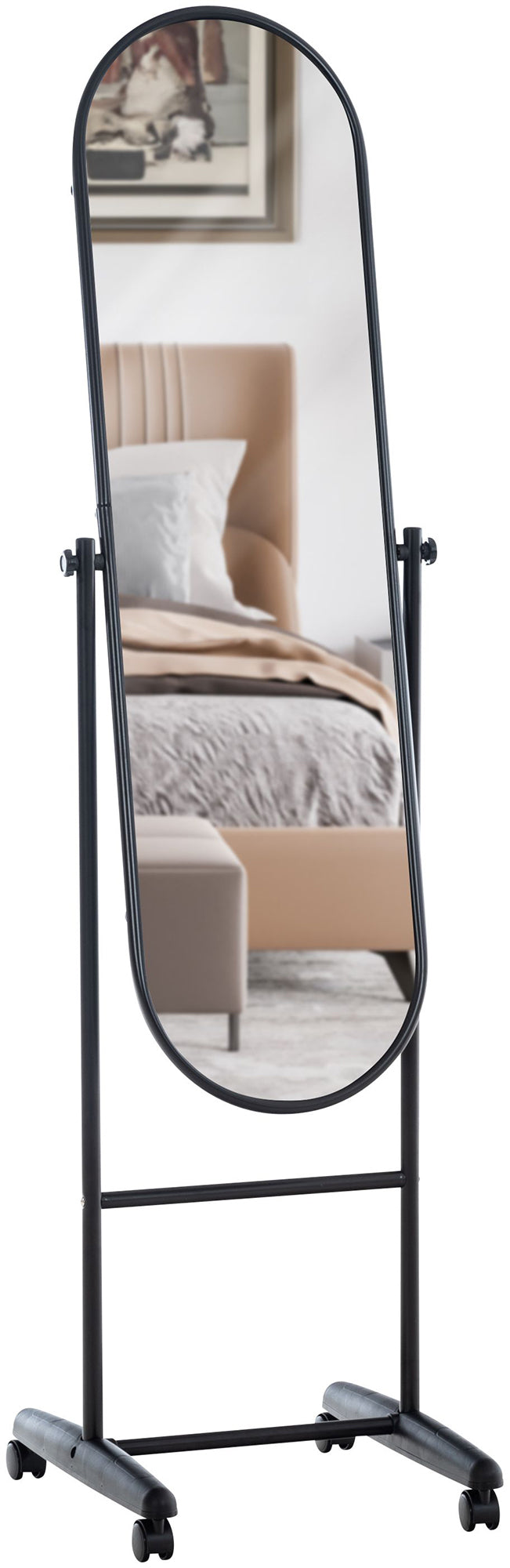 Ovale Staande Spiegel - Vrijstaande Reflector - Verplaatsbaar Design met Wieltjes, Elegant Metaal Kleur zwart