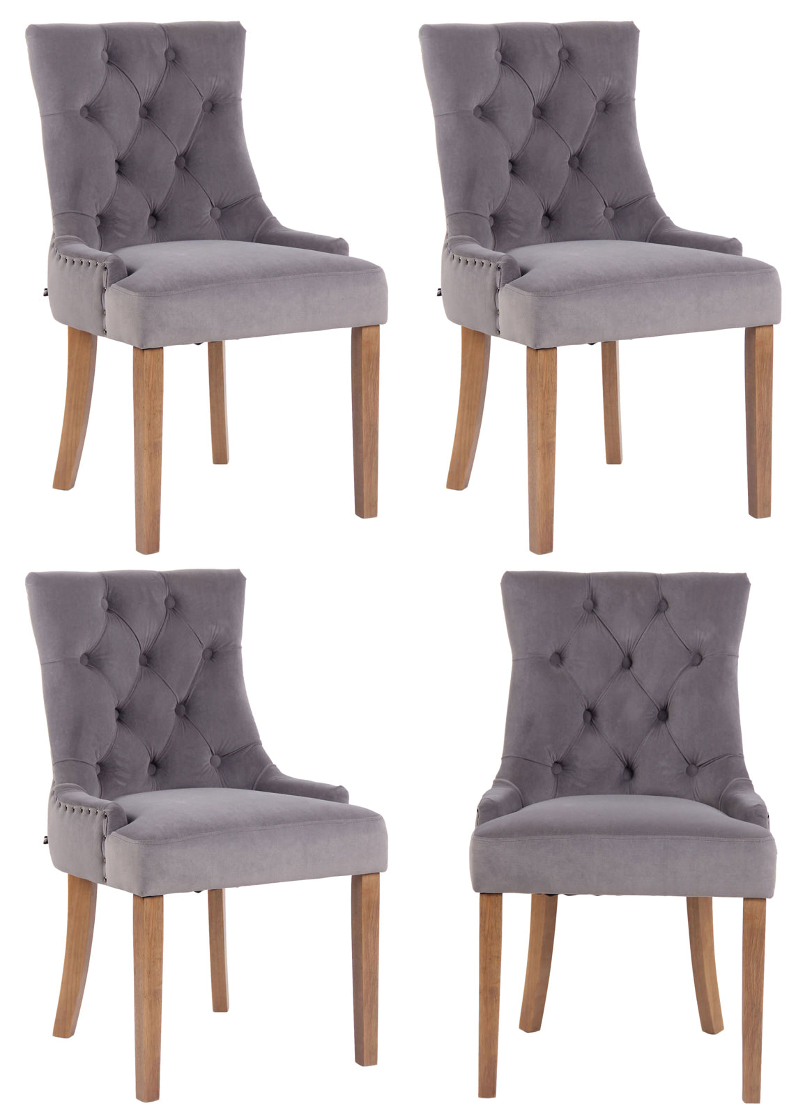 4-delige set Eetkamerstoelen - Fluwelen Stoelen, Hoog Zitcomfort - Stijlvolle Sierstiksels Kleur grijs Onderstel Kleur antiek-helder