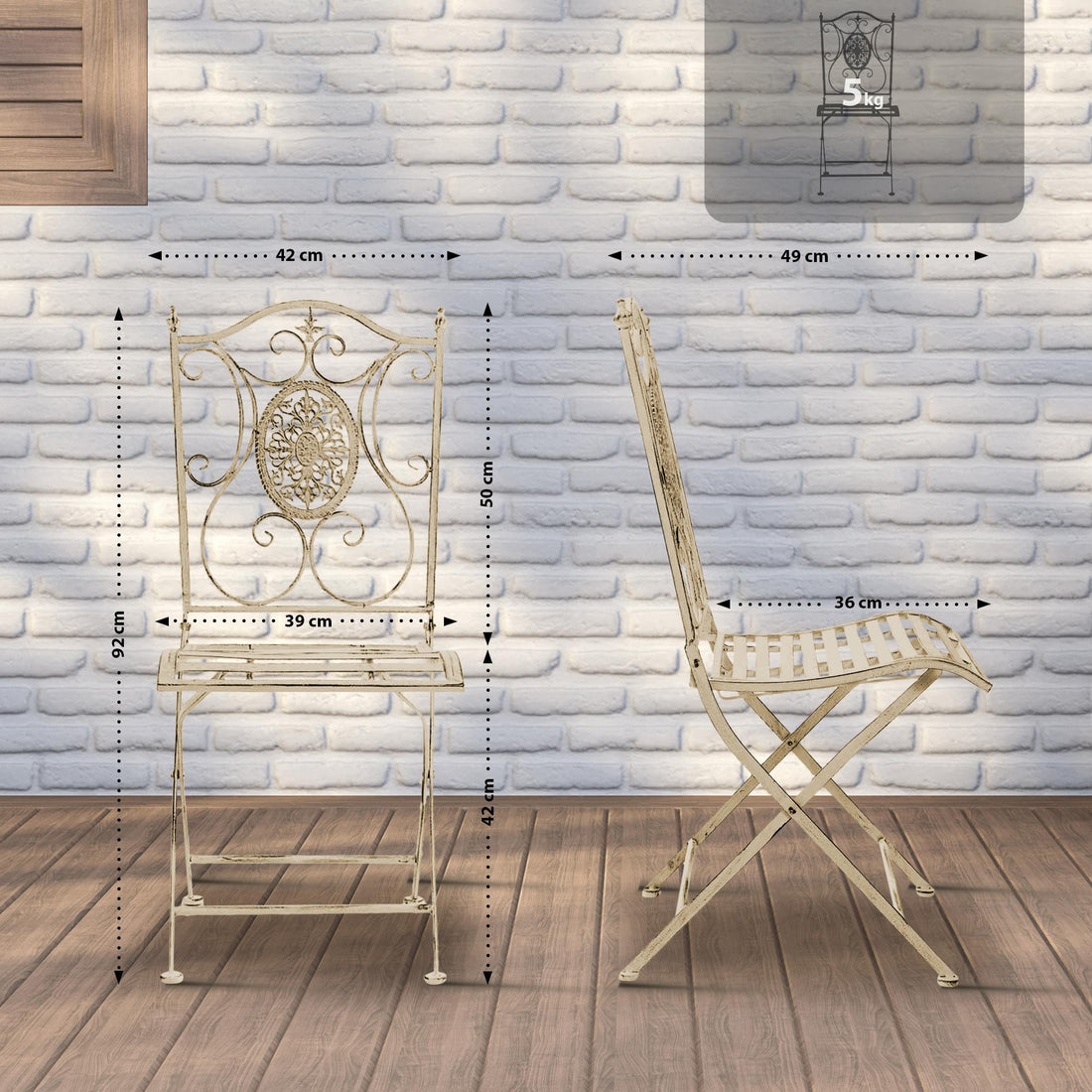 Set van 2 Opvouwbare Tuinstoelen - Klapstoelen - Handgemaakt Antiek Patina Kleur antiek-crème