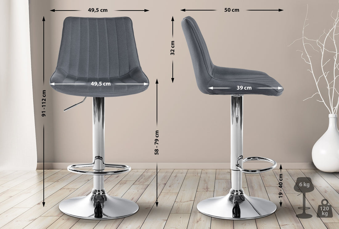 Moderne Barkruk - Barstoel - Gewatteerde Rugleuning en 360° Draaiende Zitting Kleur grijs