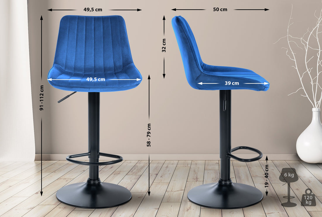 Fluwelen Barkruk - Velours Kruk - Optimaal Comfort & Verstelbare Hoogte, 360° Draaibaar Kleur blauw