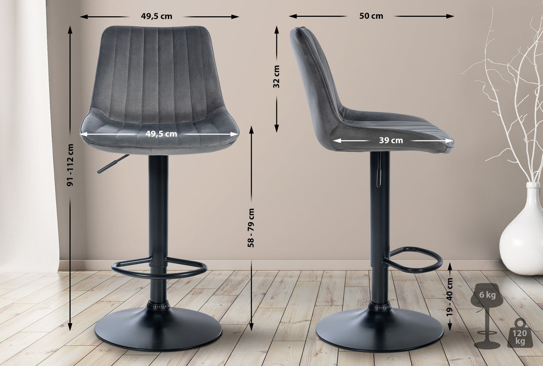 Velvet Barkruk - Barstoel - Ergonomisch Comfort, Verstelbaar en Draaibaar Ontwerp Kleur donkergrijs